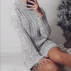 GREY CABLE KNIT ROLL NECK JUMPER DRESS